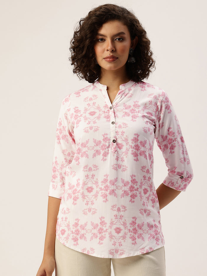 Pink Floral Printed Mandarin Collar Tunic, Floral Printed Tunic, printed tunic, mandarin collar Tunic, casual wear Tunic, women’s tunic, Office Wear Tunic