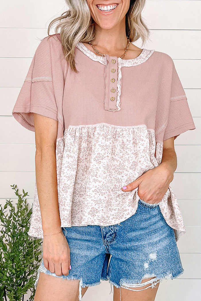 Pink Waffle Floral Patchwork Exposed Seam Detail Short Sleeve Top - Tops/Tops & Tees