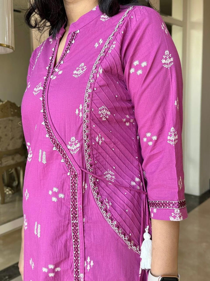 Rahat Angrakha Style Cotton Suit- Pink