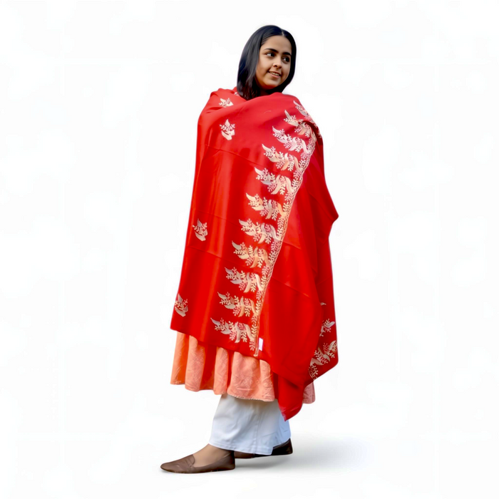 Red Embroidered Shawl – Multicolour Detailing | Premium Poly Wool - Mojopanda Organic Store