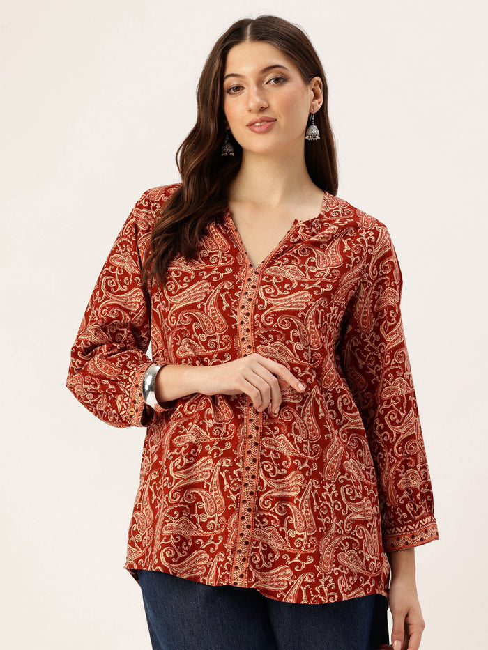 Red Ethnic Printed Tunic, Short Kurta, Red Short Top, Short Top