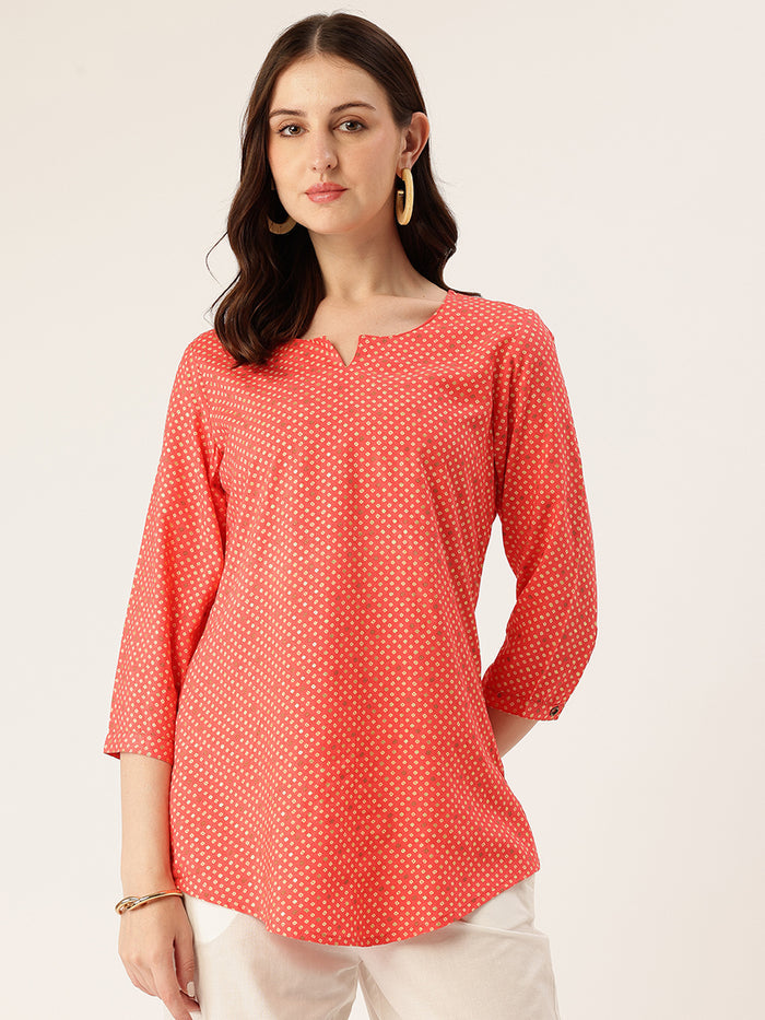 Red Geometric Printed Roll-Up Sleeves Boat Neck Tunic