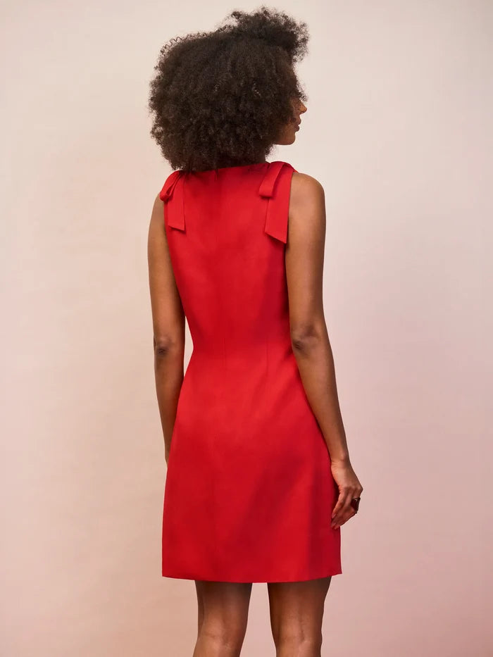 Red linen blend mini dress with shoulder tie detail back view