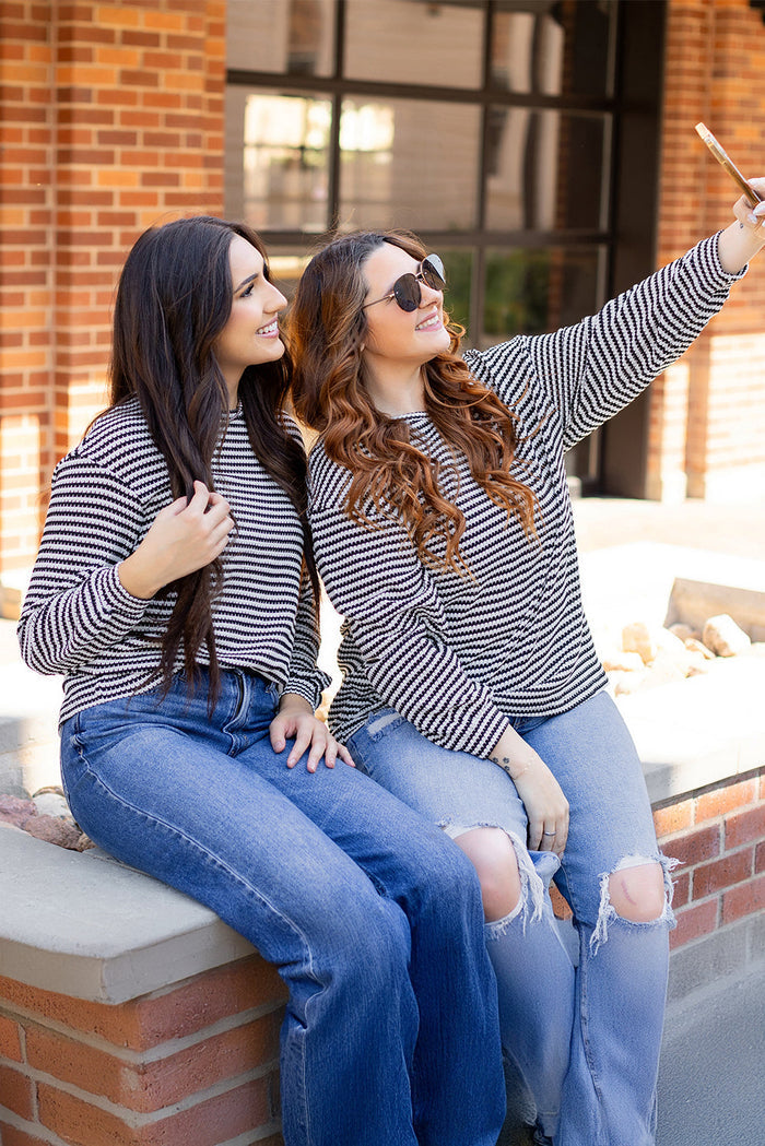 Rose Stripe Round Neck Drop Shoulder Long Sleeve Top - Tops/Long Tops