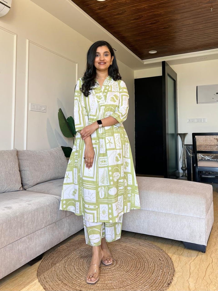 Sirsa Cotton Coord Set- Light Green Mix