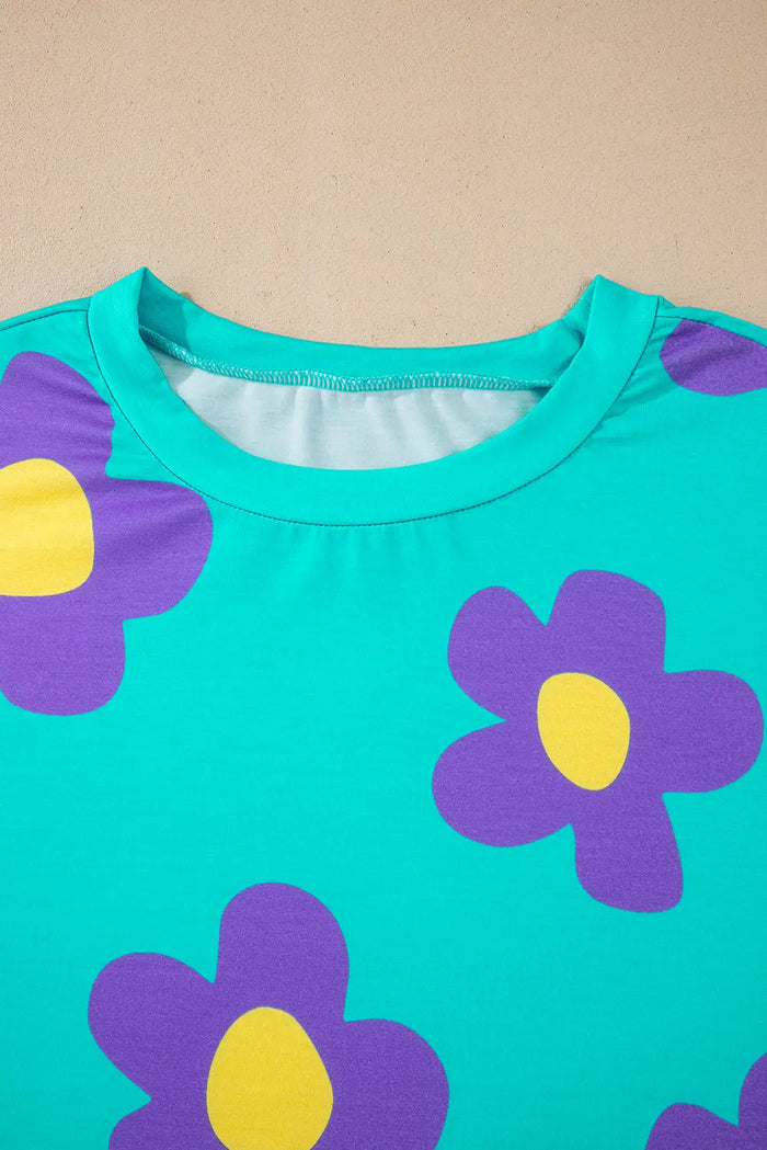 Sky Blue Floral Colour Block Long Sleeve Loose Top - Tops/Long Tops