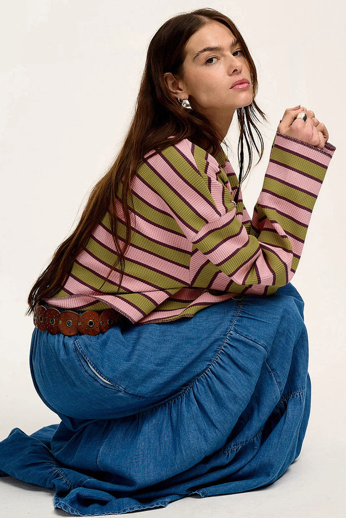 Spinach Green Clashing Stripes Waffle Texture Notched Neck Long Sleeve Top - Tops/Long Tops
