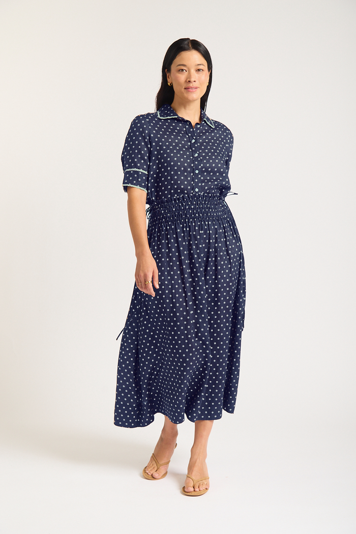 Sylvie Ramie Skirt In Navy/Ivory Spot