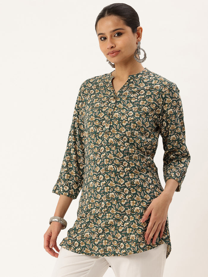 Teal Blue Floral Printed Mandarin Collar Tunic, Floral Printed Tunic, printed tunic, mandarin collar Tunic, casual wear Tunic, women’s tunic, Office Wear Tunic