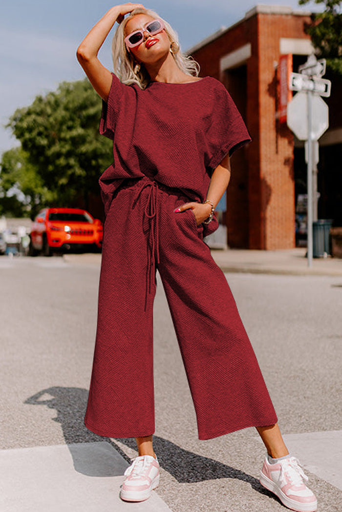 Textured Loose Fit T Shirt and Drawstring Trousers Co-ord Set - Two Piece Sets/Pant Sets