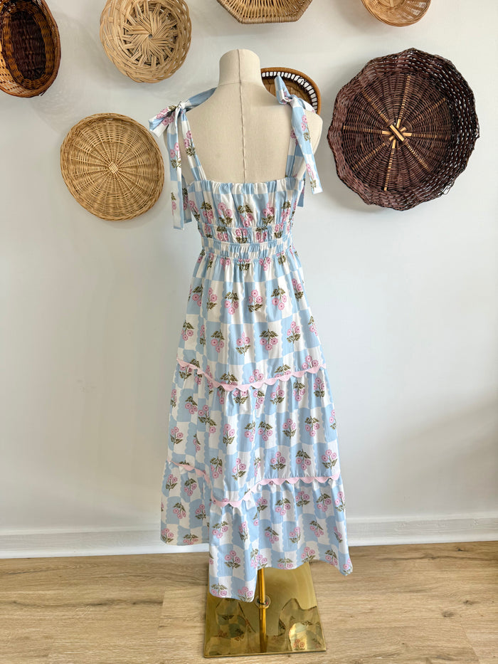 The Romy Blue & Pink Floral Ric Rac Detail Midi Dress