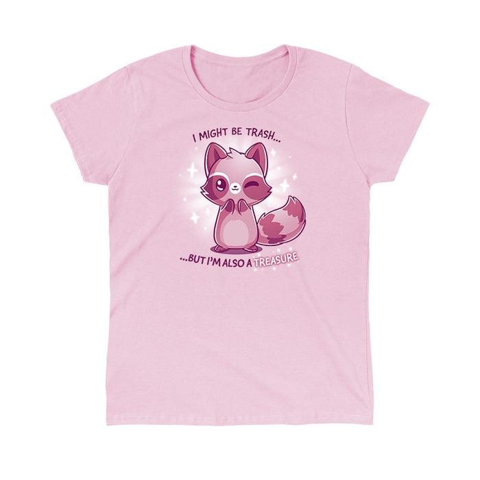 Classic Cotton T-shirt_TeeTurtle light pink Trash but Treasure apparel featuring a winking raccoon. Captions says, "I might be trash... but I'm also a treasure".