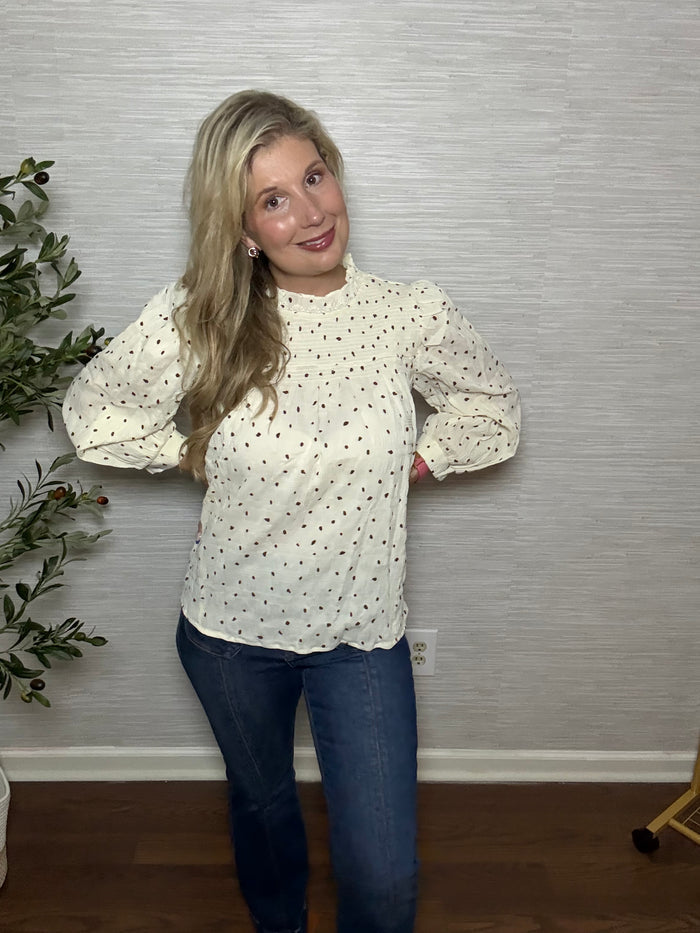 Vintage-Chic Polka Dot Puff Sleeve Blouse – Smocked Mock Neck Top