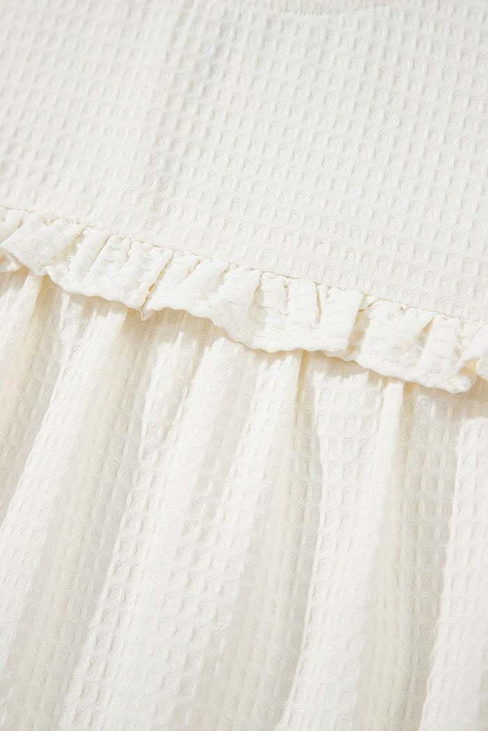 White Solid Colour Ruffle Trim Waffle Knit Blouse - Tops/Blouses & Shirts