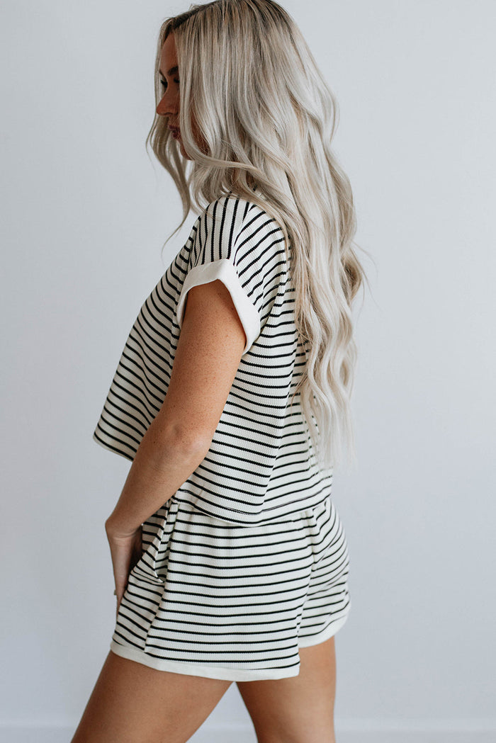 White Stripe Contrast Edge Tee and Shorts Co-ord Set - Two Piece Sets/Short Sets