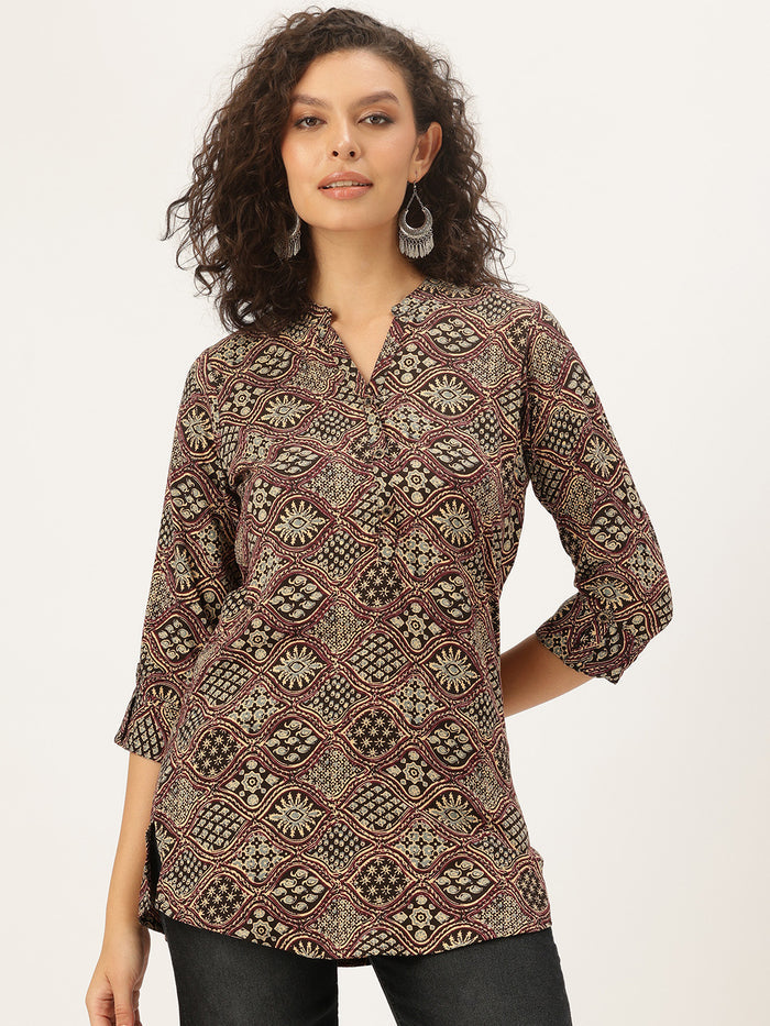 Wine Ethnic Motifs Printed, Band Collar Tunic, Printed Tunic, Short Kurti, Wine color Short Kurti.