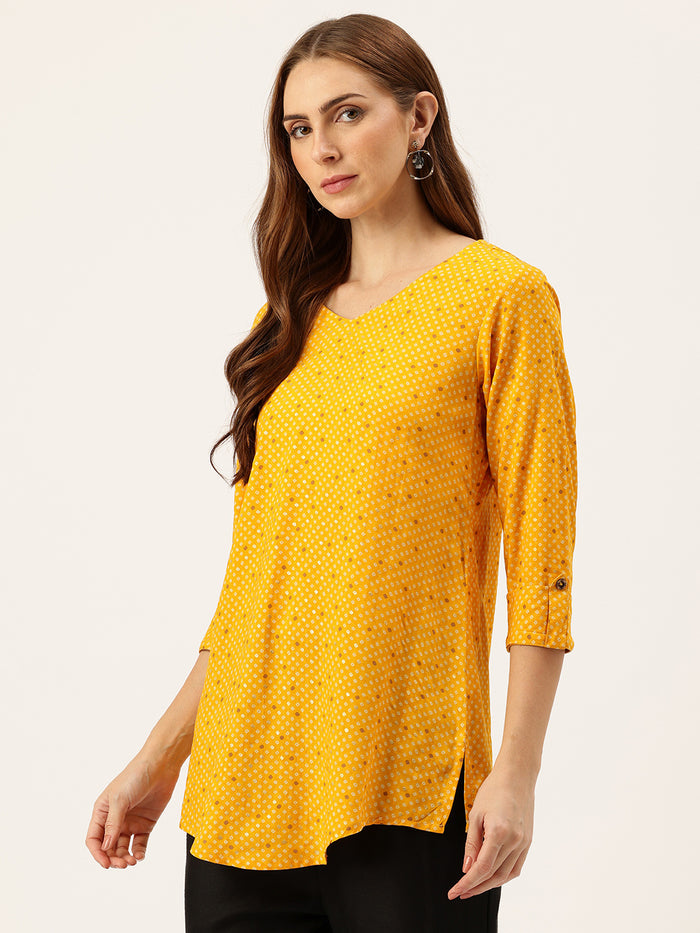 Yellow Geometric Printed Roll-Up Sleeves V-Neck Tunic