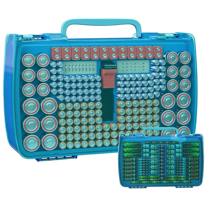 269-Slot Battery Organizer Case with Tester | ALKOO – Blue Case+Green Handle – protective case product view
