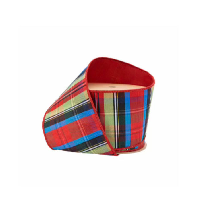 4" Wired Ribbon | Black/Lime/Red/Royal Plaid w/ Red Dupioni-Fused Backing | 10 Yard Roll
