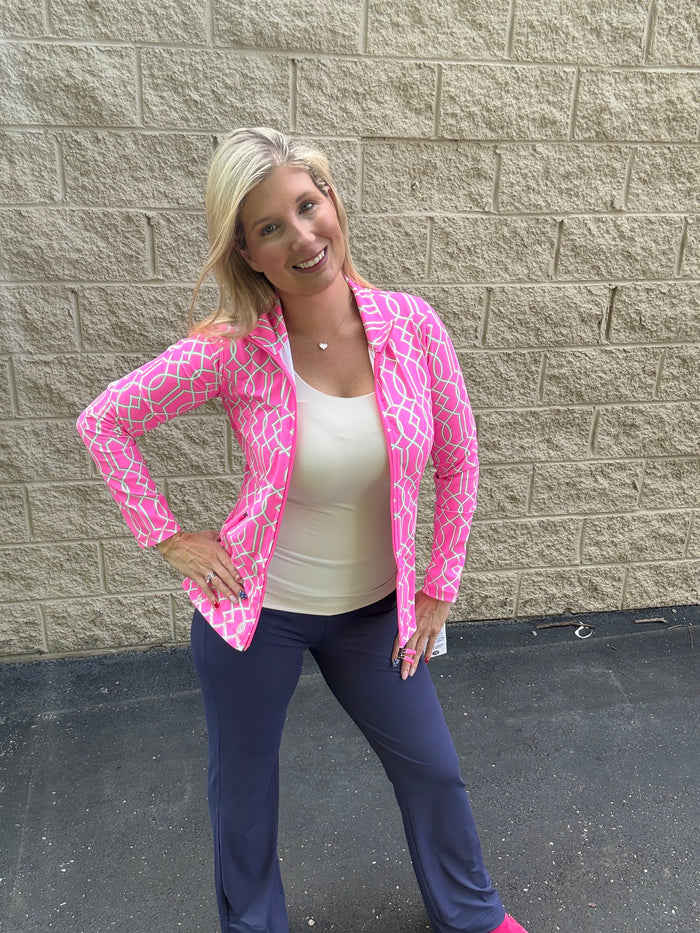 Lulu B Signature Geometric Zip Jacket – Pink & Kelly Green