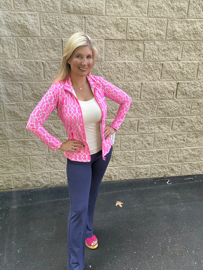 Lulu B Signature Geometric Zip Jacket – Pink & Kelly Green