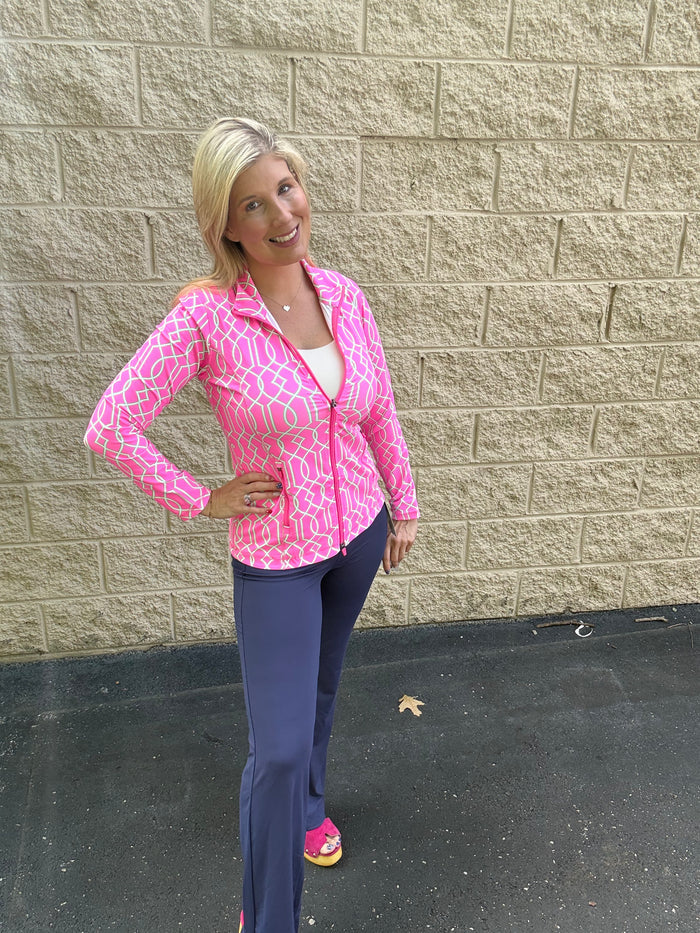 Lulu B Signature Geometric Zip Jacket – Pink & Kelly Green