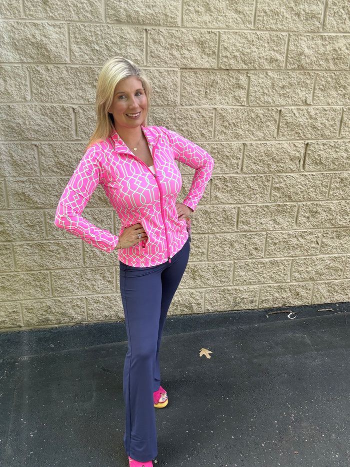 Lulu B Signature Geometric Zip Jacket – Pink & Kelly Green