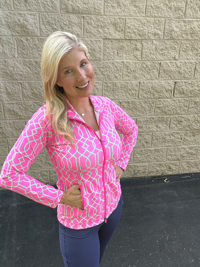 Lulu B Signature Geometric Zip Jacket – Pink & Kelly Green