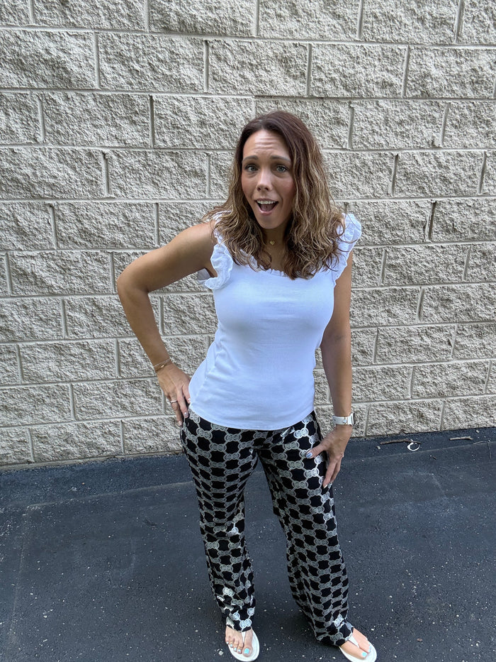 Lulu B Medallion Wide-Leg Palazzo Pants – Silver & Black
