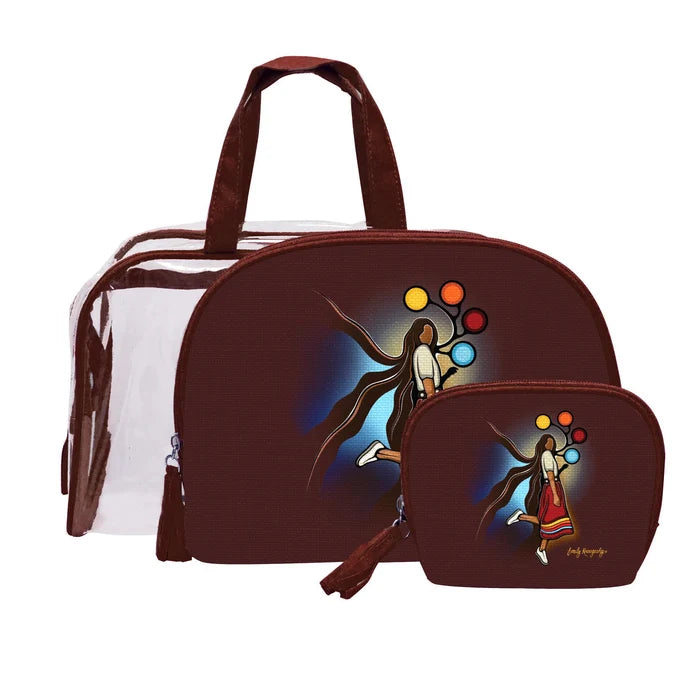 A Skirt with a Story Cosmetic Bag Set featuring a large bag, small bag, and transparent pouch with cultural artwork.