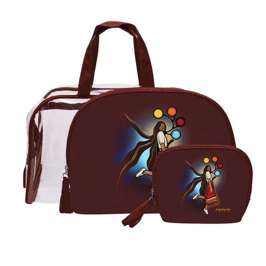 A Skirt with a Story Cosmetic Bag Set featuring a large bag, small bag, and transparent pouch with cultural artwork.