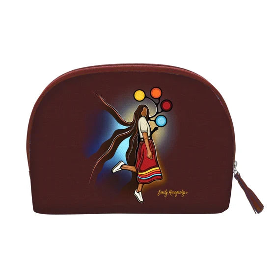 Cosmetic bag with a colorful design of a woman and flowers on a white background