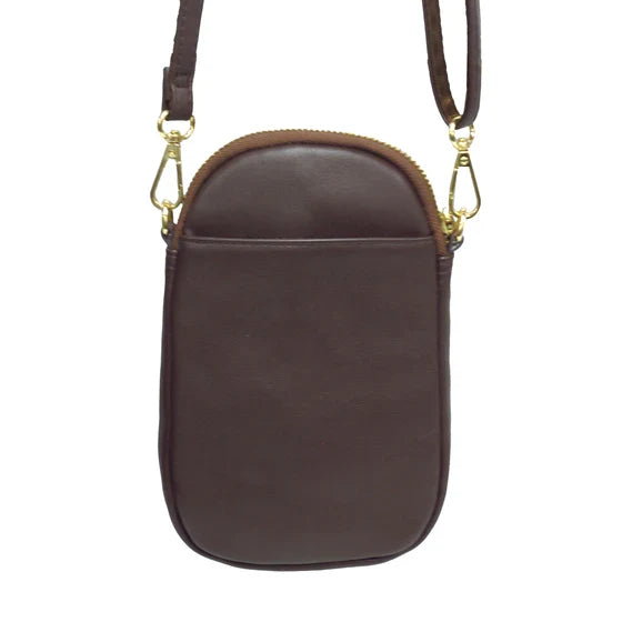 Brown leather crossbody bag with gold zipper on a white background