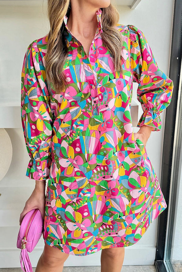 Pink Abstract Printed Lantern Sleeve Buttoned Mini Dress - S / 100% Polyester - Dresses/Mini Dresses
