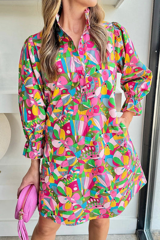 Pink Abstract Printed Lantern Sleeve Buttoned Mini Dress - S / 100% Polyester - Dresses/Mini Dresses