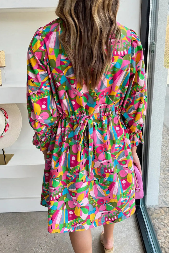Pink Abstract Printed Lantern Sleeve Buttoned Mini Dress - Dresses/Mini Dresses