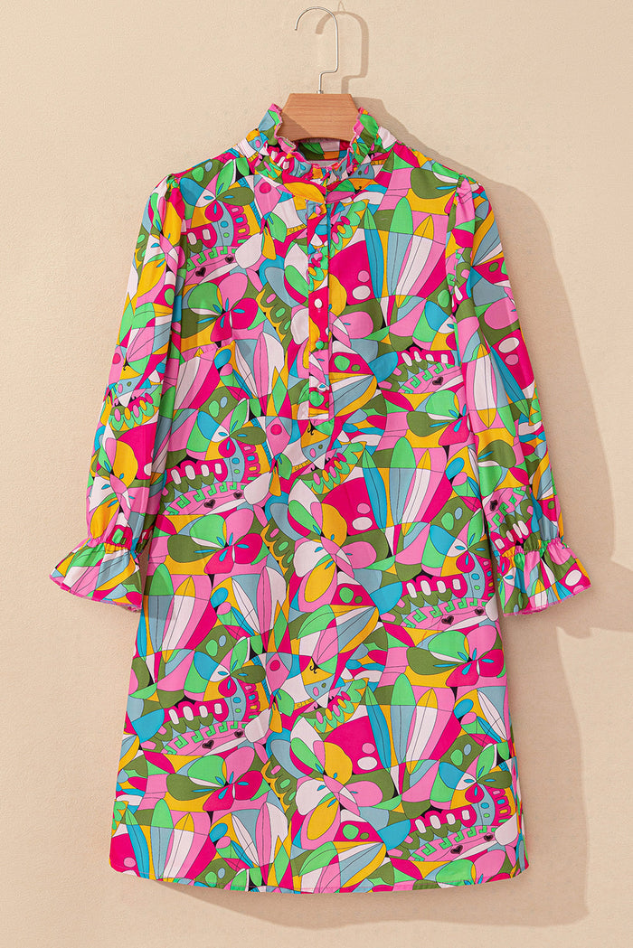 Pink Abstract Printed Lantern Sleeve Buttoned Mini Dress - Dresses/Mini Dresses