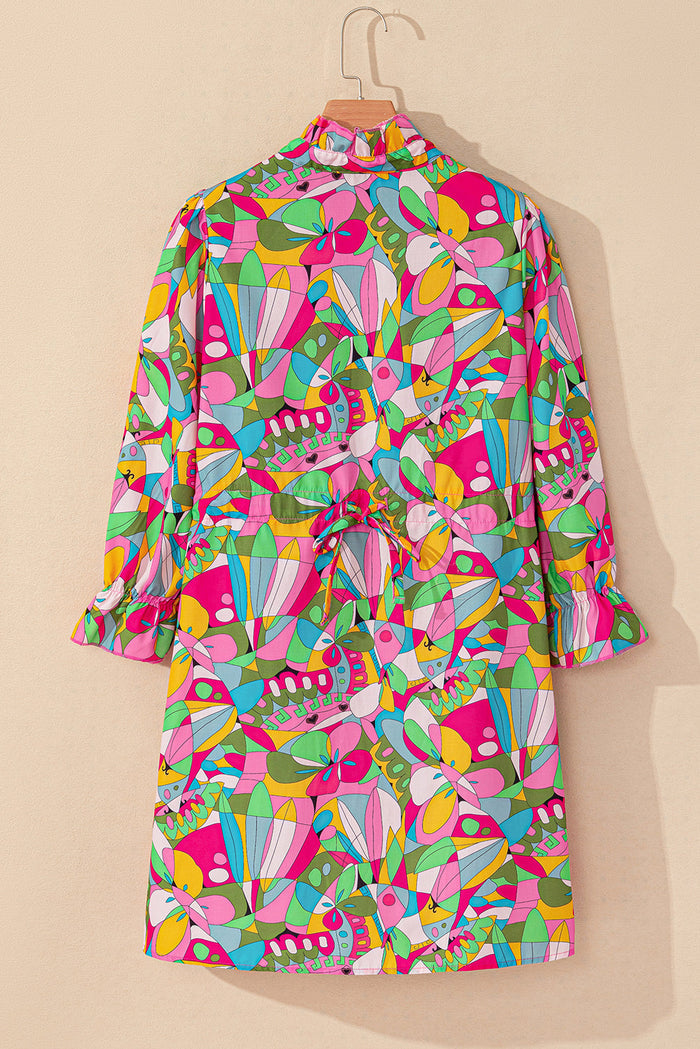 Pink Abstract Printed Lantern Sleeve Buttoned Mini Dress - Dresses/Mini Dresses