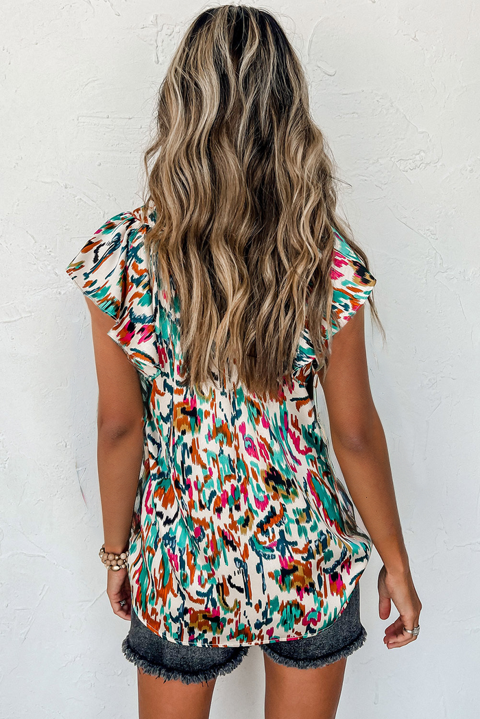 Abstract Print Split Neck Ruffle Sleeve Blouse - Tops/Blouses & Shirts