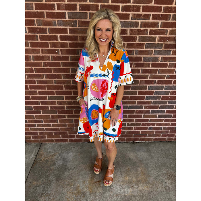 Adrienne - Ruffle Collar, A Line Dress w Pockets - Multi Color