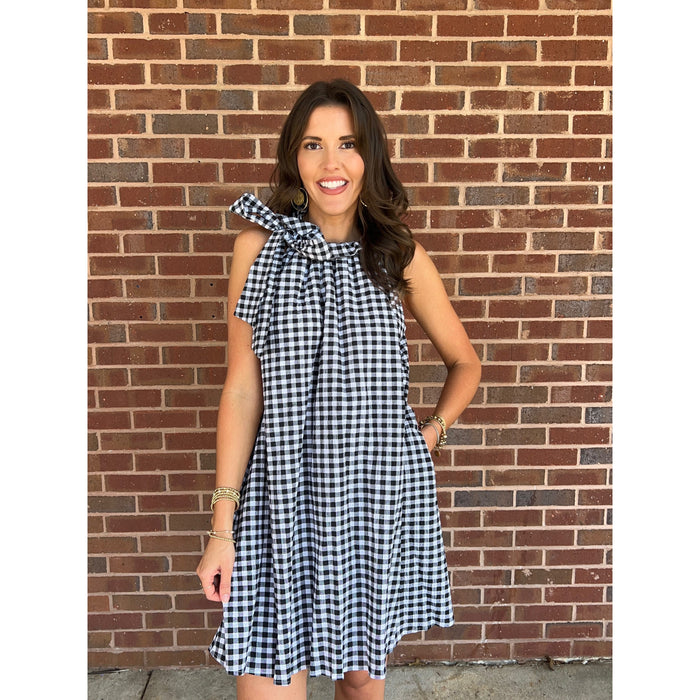 Adrienne - Ruffle, Tie Neck, Sleeveless Dress, Bridget - Black Seer Gingham
