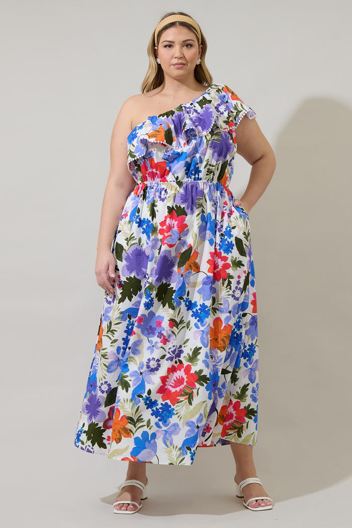 Amania Floral Suraya One Shoulder Midi Dress Curve