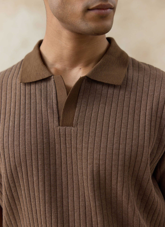 Close-up of the Percival Anthony Ribbed Polo in espresso brown, showing the open notch placket and textured cotton blend.