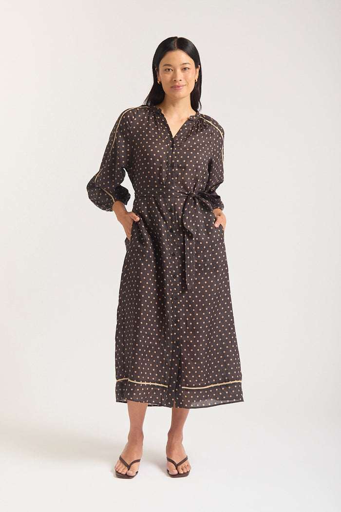 Antonia Ramie Dress In Choc/Beige