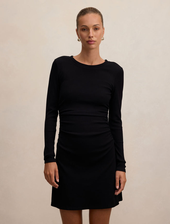 Ash Long Sleeve Ribbed Mini Dress Black Forever New