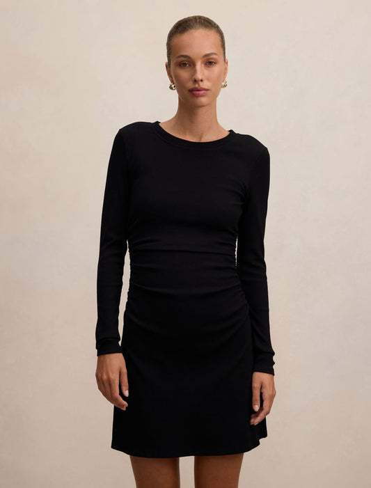 Ash Long Sleeve Ribbed Mini Dress Black Forever New
