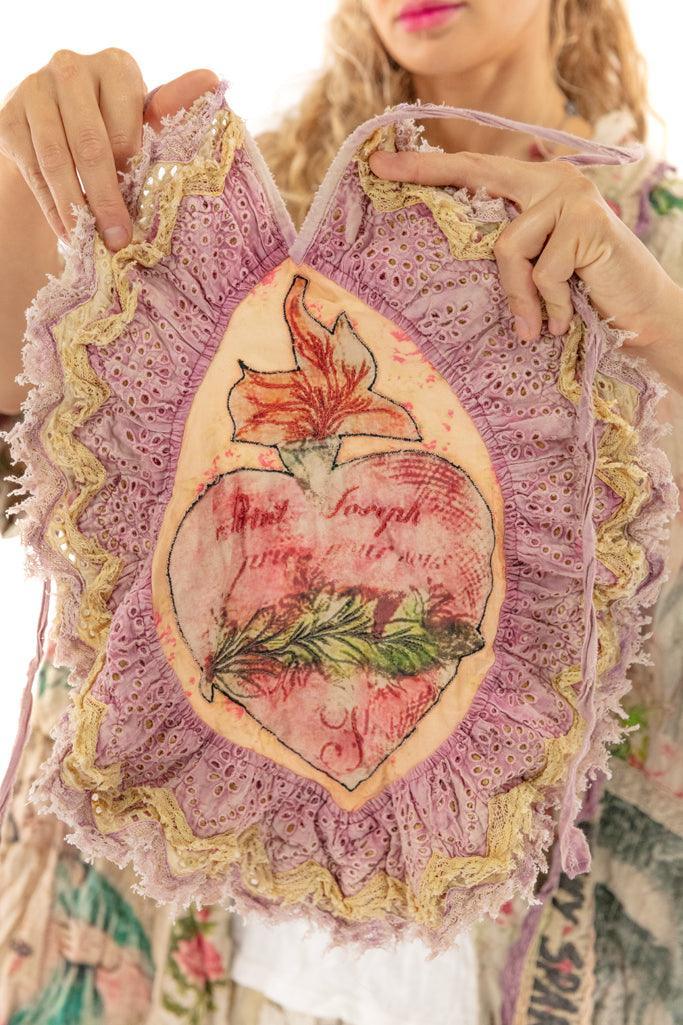 Magnolia Pearl artisan pink lace bib with heart and flame print, vintage whimsical style clothing