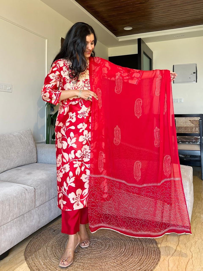 Basera Red Floral Muslin Suit