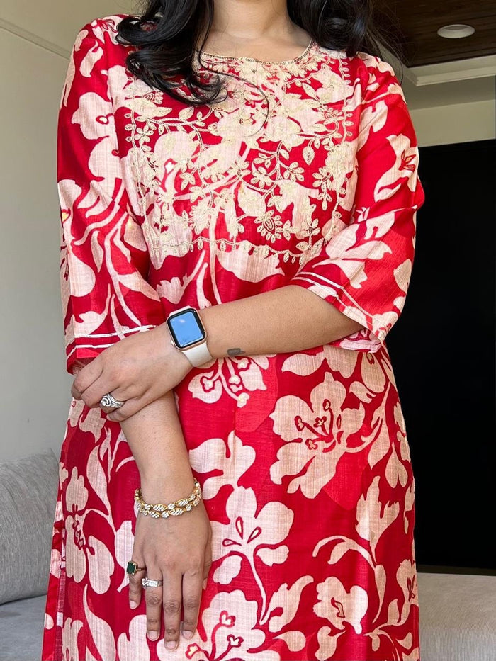 Basera Red Floral Muslin Suit
