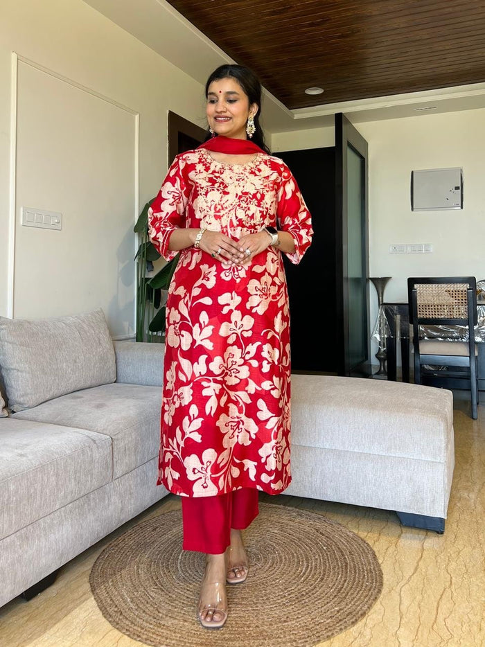 Basera Red Floral Muslin Suit